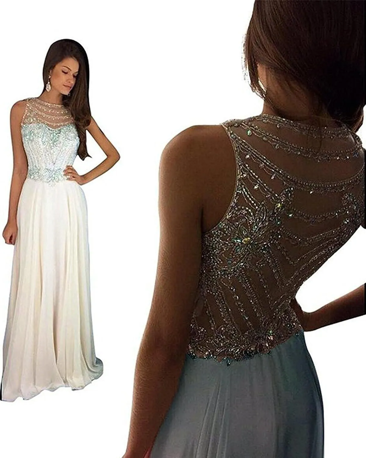 Lemai Sheer Back Beaded Long A Line Chiffon Prom Dresses Evening Formal Gowns