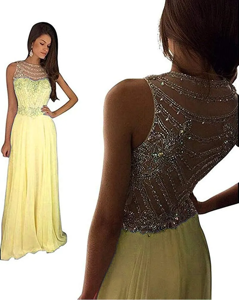 Lemai Sheer Back Beaded Long A Line Chiffon Prom Dresses Evening Formal Gowns