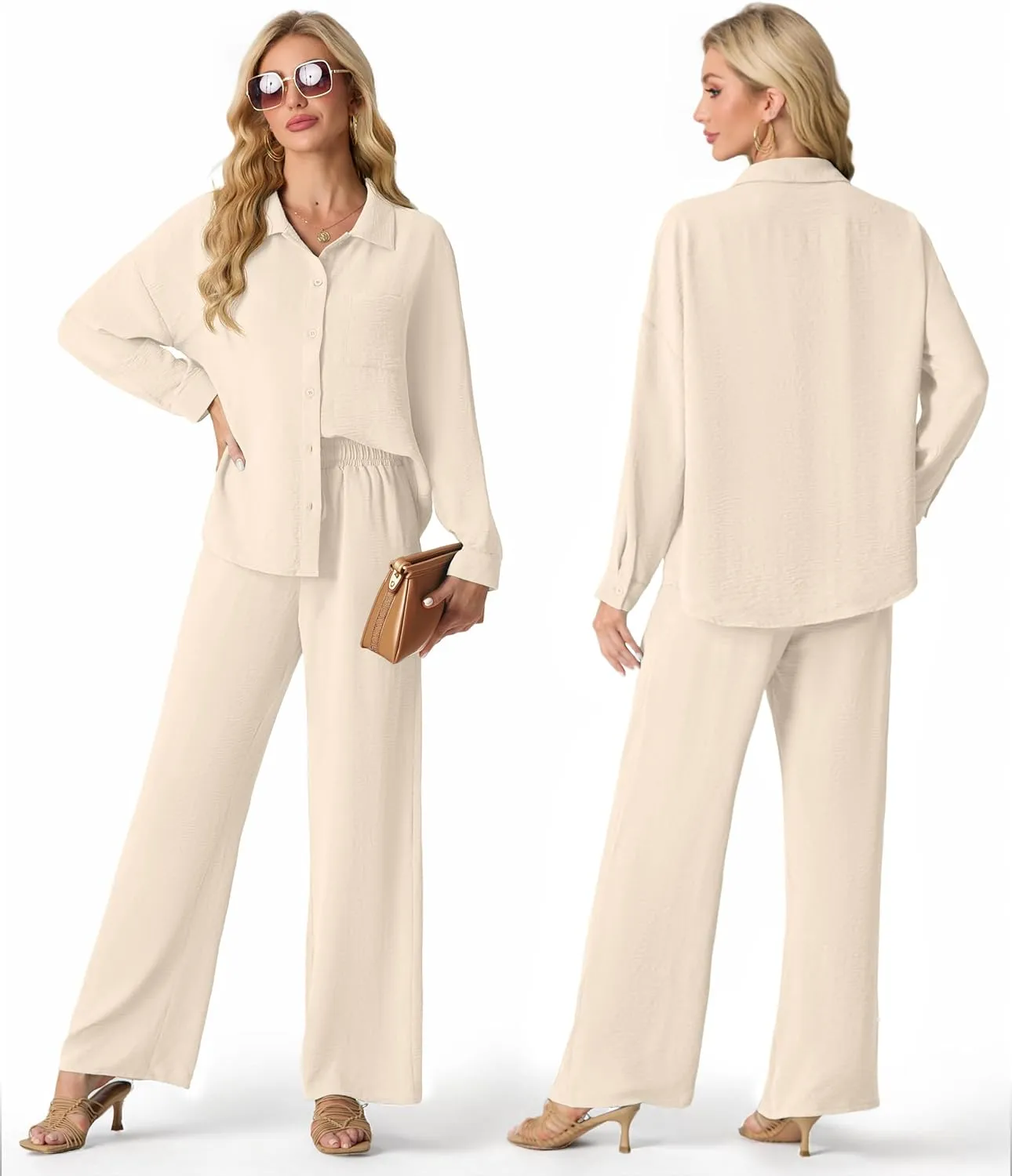 Lepunuo 2 Piece Outfits for Women Casual Lounge Sets Long Sleeve Button Down Shirts and Wide Leg Pants Sets Tracksuit