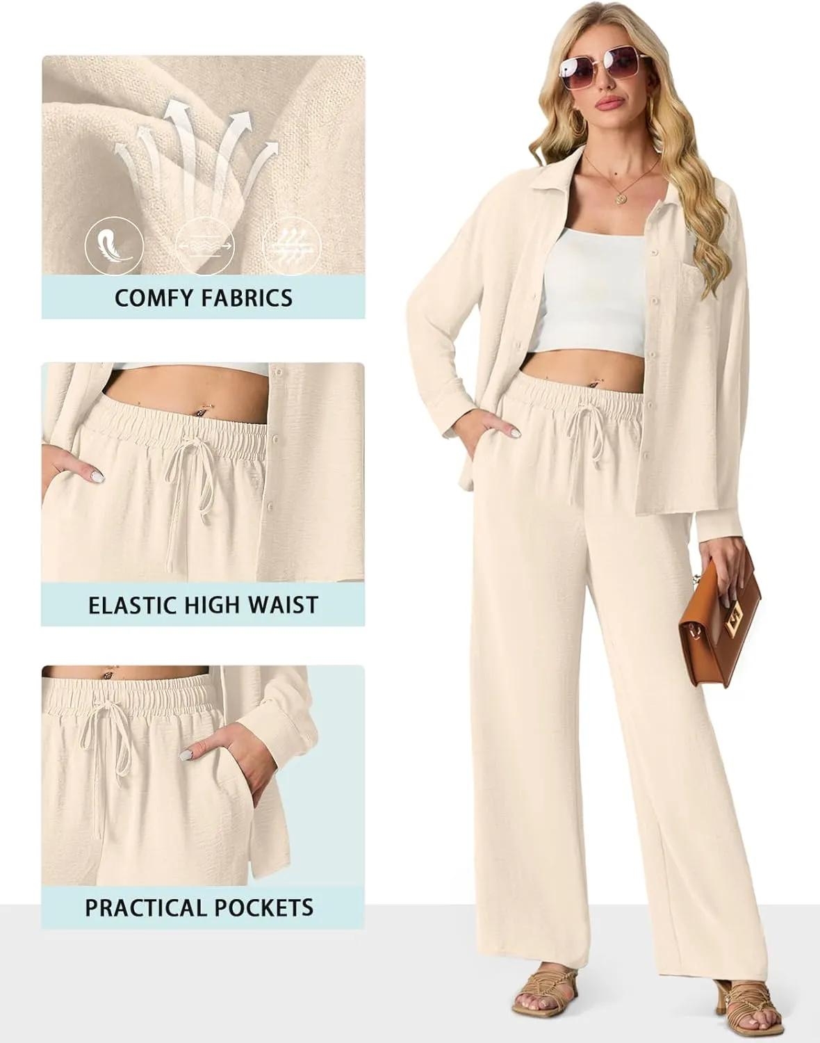 Lepunuo 2 Piece Outfits for Women Casual Lounge Sets Long Sleeve Button Down Shirts and Wide Leg Pants Sets Tracksuit
