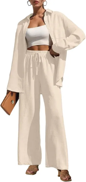 Lepunuo 2 Piece Outfits for Women Casual Lounge Sets Long Sleeve Button Down Shirts and Wide Leg Pants Sets Tracksuit