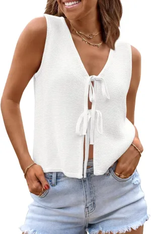 LILLUSORY Womens Crochet Tops Summer Vacation Outfits Beach Fashion 2025 Cute Casual Clothes Spring Tie Front Sweater Vest