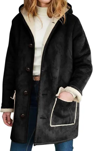 Litetao Womens Winter Coats Plus Size Fuzzy Long Sleeve Shirts Soft Winter Warm Hooded Jacket Outerwear With Pocket