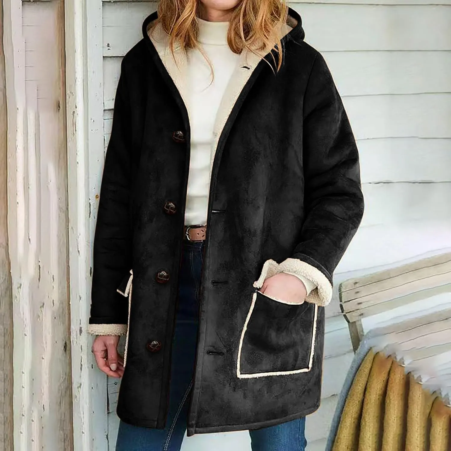 Litetao Womens Winter Coats Plus Size Fuzzy Long Sleeve Shirts Soft Winter Warm Hooded Jacket Outerwear With Pocket