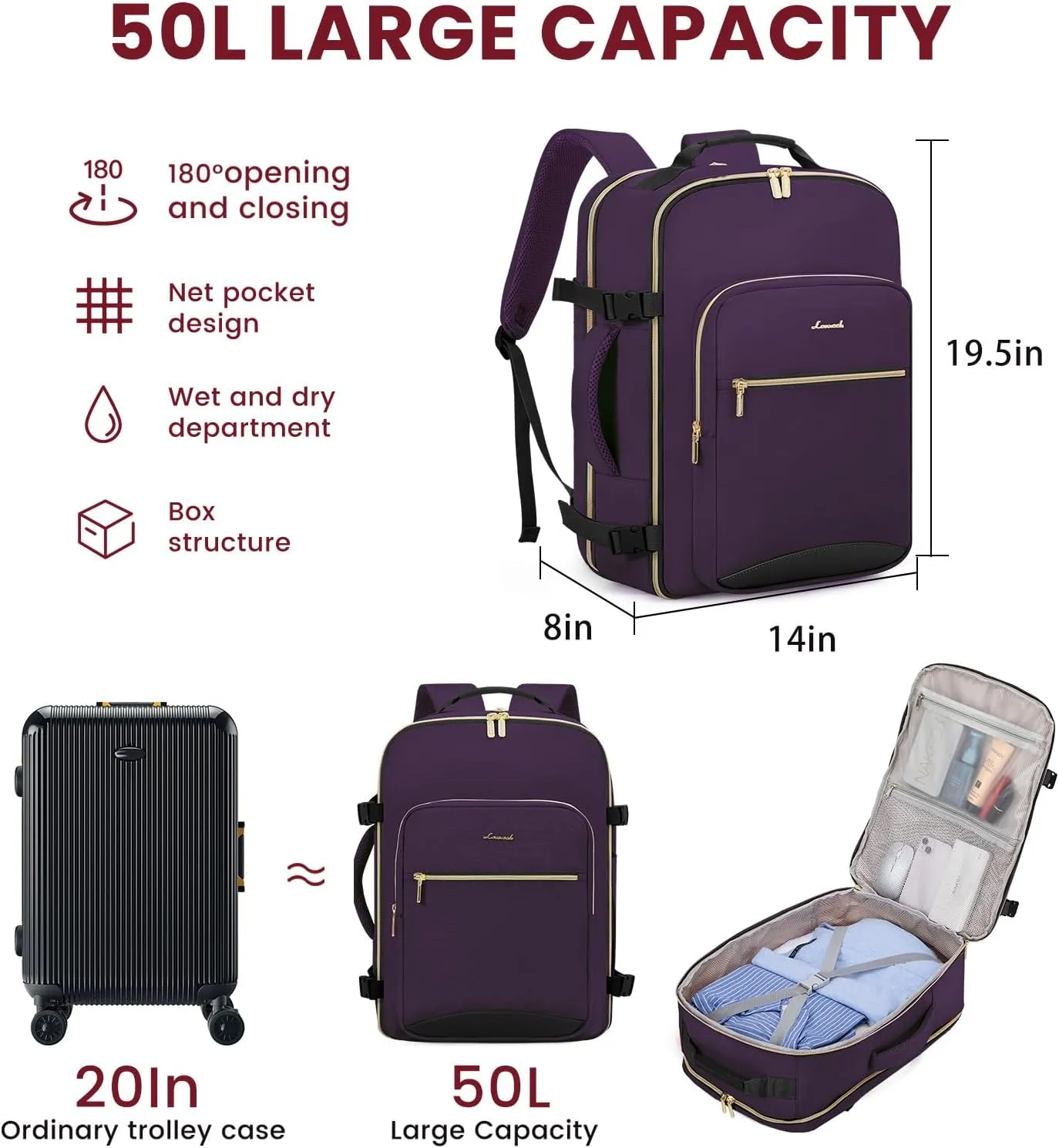 LOVEVOOK 50L Large Travel Backpack for Women Men Fits 17 Inch Laptop, Carry on Backpack for Traveling on Airplane, Personal Item Bag Airline Approved, Business Causal Weekender Backpacks