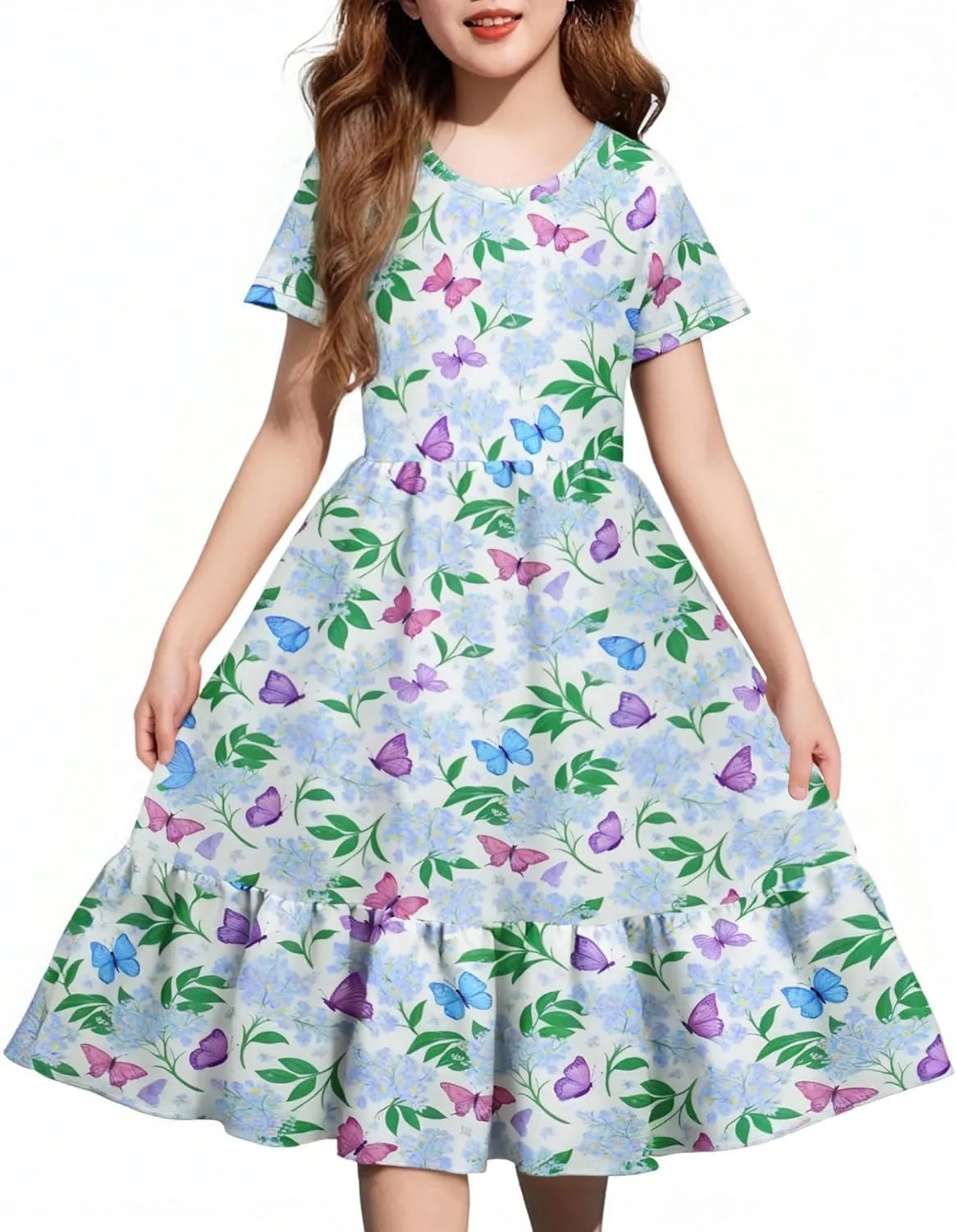 LQSZ Girls Maxi Summer Dress with Pocket Short Sleeve Spring Boho Long Sundress Casual School for Kids Size 3-12 Years