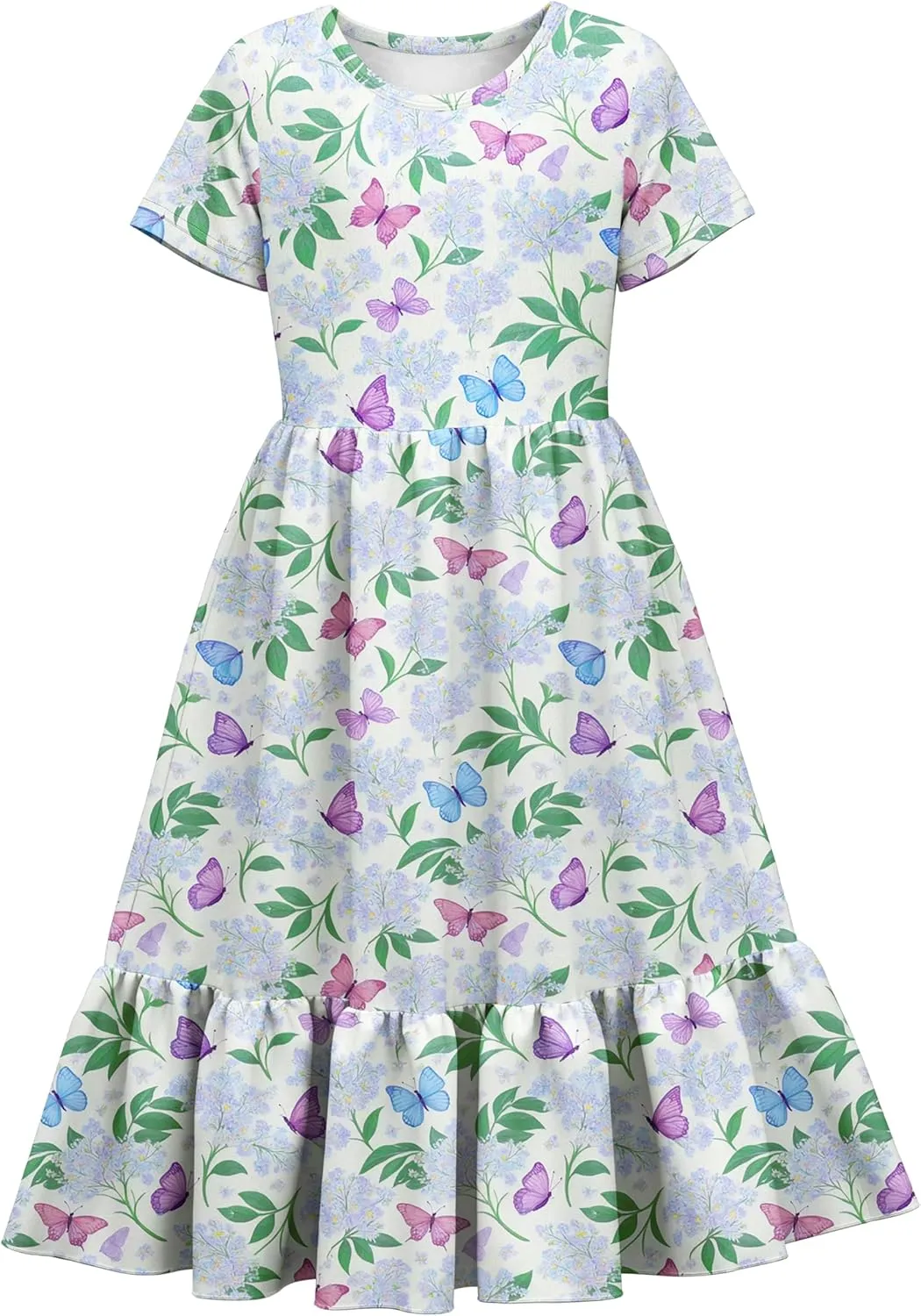 LQSZ Girls Maxi Summer Dress with Pocket Short Sleeve Spring Boho Long Sundress Casual School for Kids Size 3-12 Years