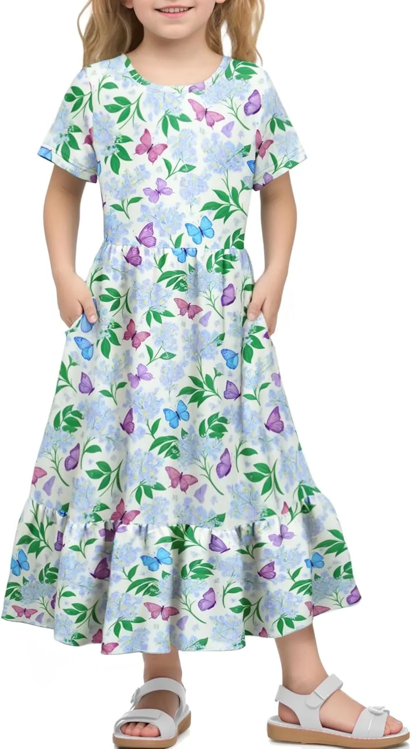 LQSZ Girls Maxi Summer Dress with Pocket Short Sleeve Spring Boho Long Sundress Casual School for Kids Size 3-12 Years