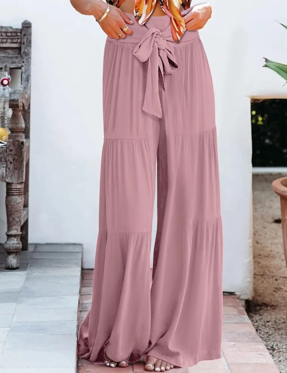 Lrady Women Wide Leg Palazzo Lounge Pants Printed Beach Summer Boho Tie-Waist Bell Bottoms Trousers