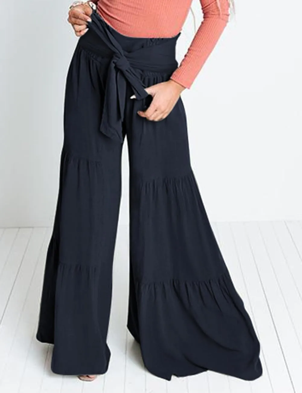 Lrady Women Wide Leg Palazzo Lounge Pants Printed Beach Summer Boho Tie-Waist Bell Bottoms Trousers