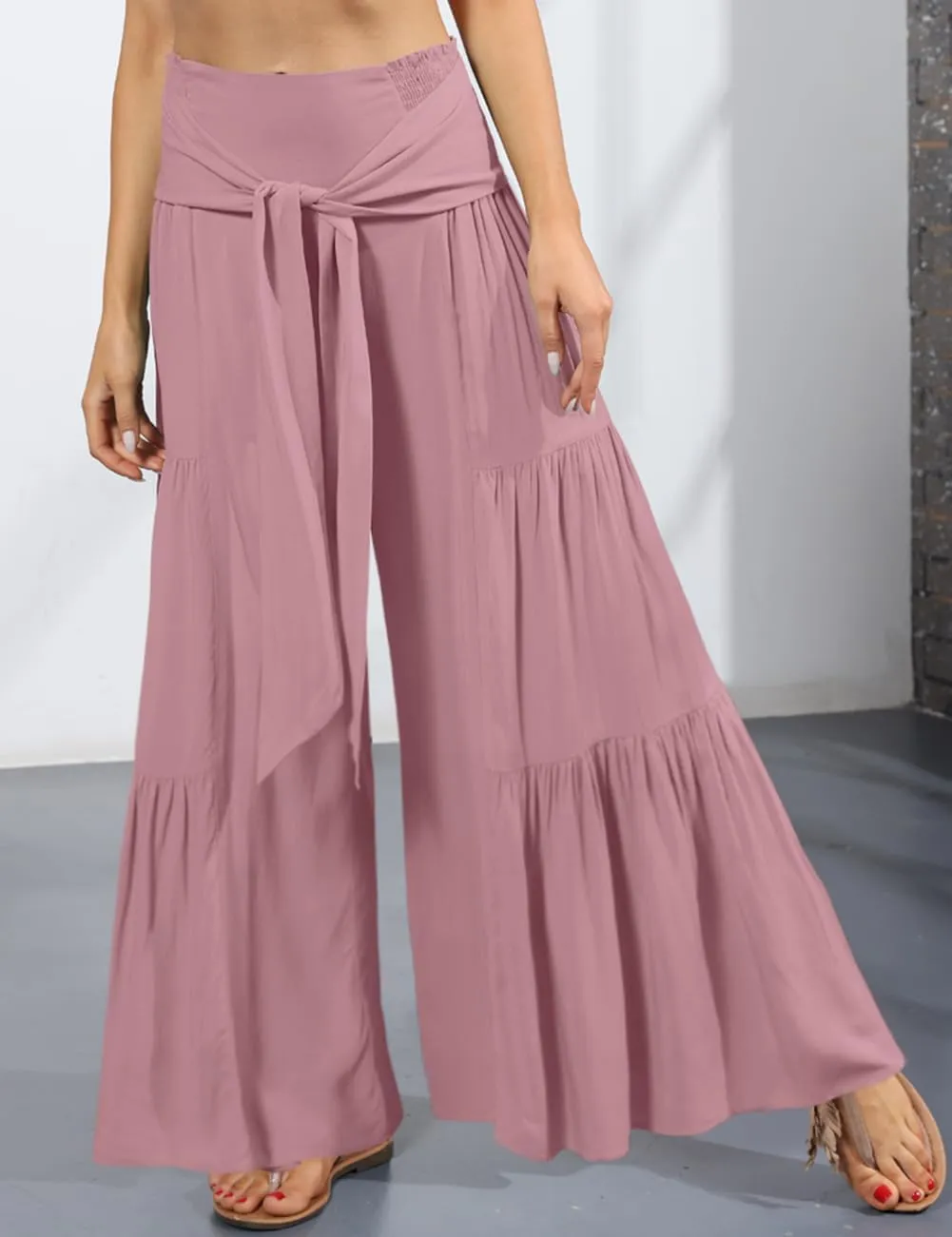 Lrady Women Wide Leg Palazzo Lounge Pants Printed Beach Summer Boho Tie-Waist Bell Bottoms Trousers