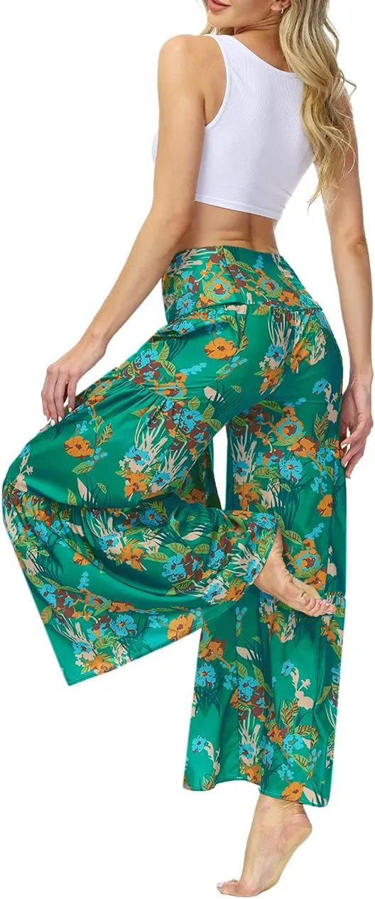 Lrady Women Wide Leg Palazzo Lounge Pants Printed Beach Summer Boho Tie-Waist Bell Bottoms Trousers
