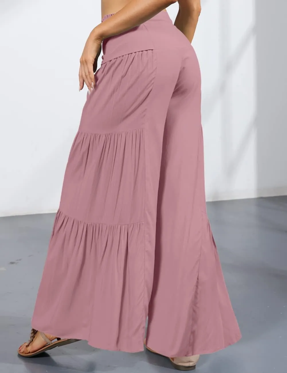 Lrady Women Wide Leg Palazzo Lounge Pants Printed Beach Summer Boho Tie-Waist Bell Bottoms Trousers
