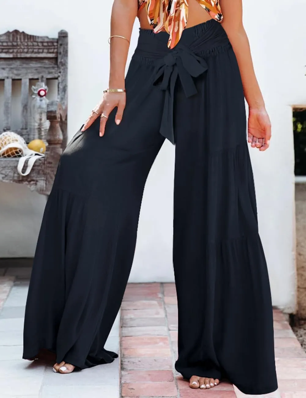 Lrady Women Wide Leg Palazzo Lounge Pants Printed Beach Summer Boho Tie-Waist Bell Bottoms Trousers