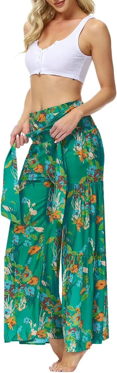 Lrady Women Wide Leg Palazzo Lounge Pants Printed Beach Summer Boho Tie-Waist Bell Bottoms Trousers