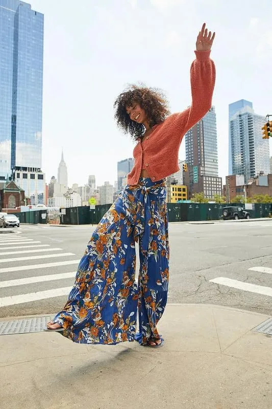 Lrady Women Wide Leg Palazzo Lounge Pants Printed Beach Summer Boho Tie-Waist Bell Bottoms Trousers