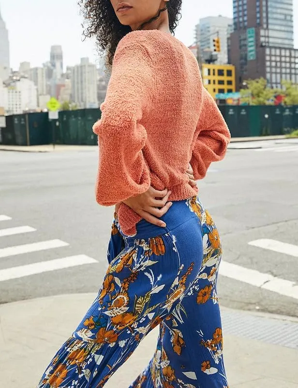 Lrady Women Wide Leg Palazzo Lounge Pants Printed Beach Summer Boho Tie-Waist Bell Bottoms Trousers