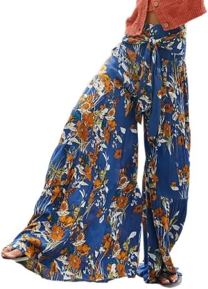 Lrady Women Wide Leg Palazzo Lounge Pants Printed Beach Summer Boho Tie-Waist Bell Bottoms Trousers