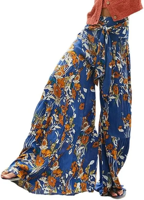 Lrady Women Wide Leg Palazzo Lounge Pants Printed Beach Summer Boho Tie-Waist Bell Bottoms Trousers