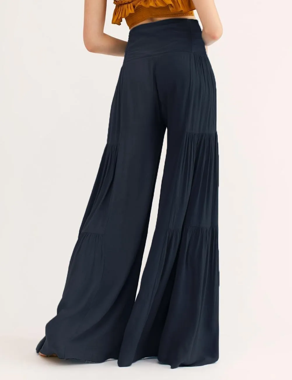 Lrady Women Wide Leg Palazzo Lounge Pants Printed Beach Summer Boho Tie-Waist Bell Bottoms Trousers