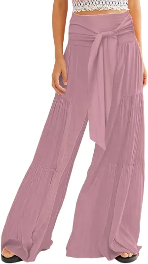 Lrady Women Wide Leg Palazzo Lounge Pants Printed Beach Summer Boho Tie-Waist Bell Bottoms Trousers