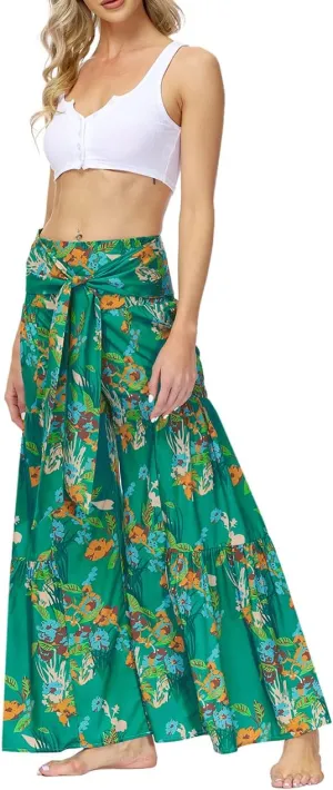 Lrady Women Wide Leg Palazzo Lounge Pants Printed Beach Summer Boho Tie-Waist Bell Bottoms Trousers