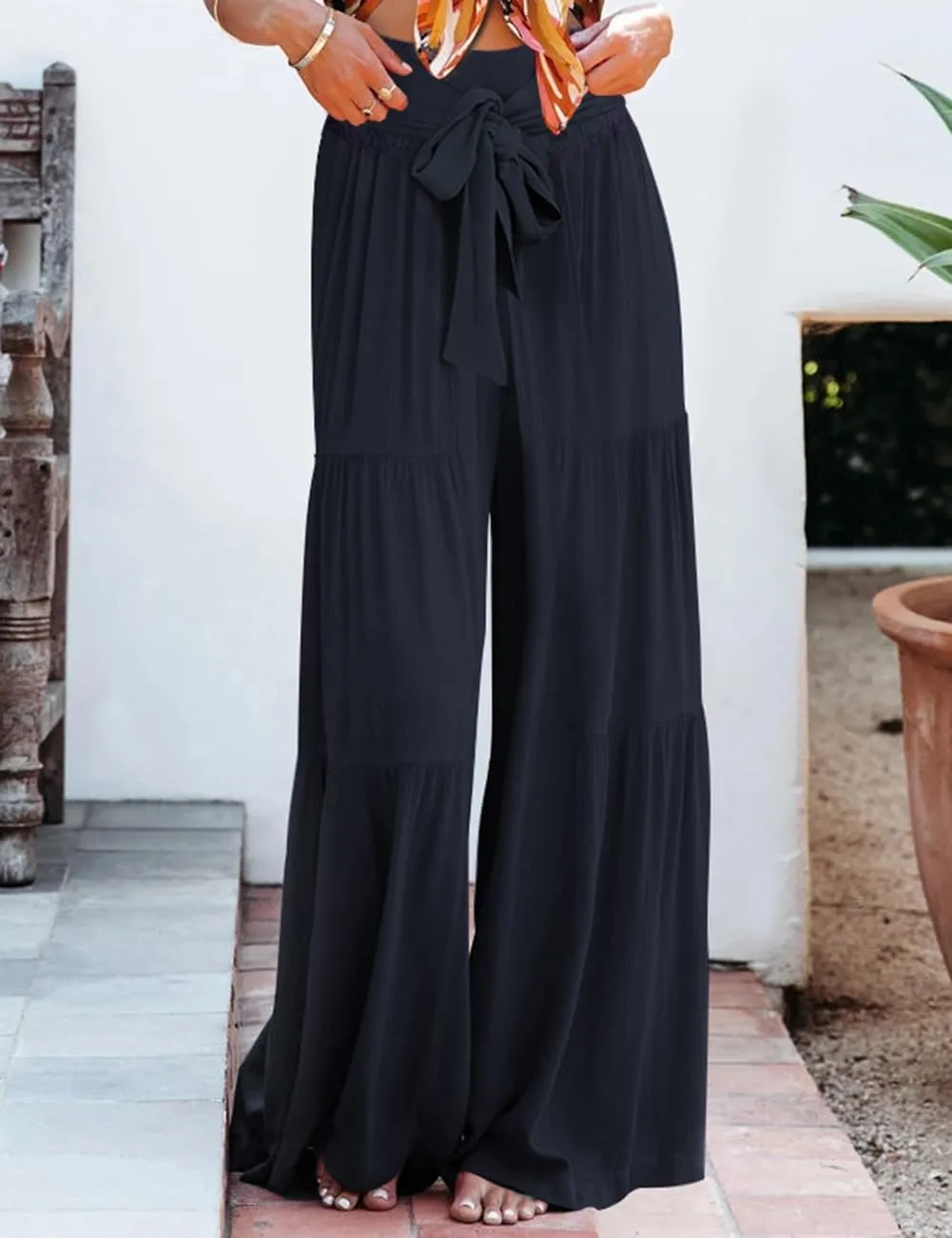 Lrady Women Wide Leg Palazzo Lounge Pants Printed Beach Summer Boho Tie-Waist Bell Bottoms Trousers