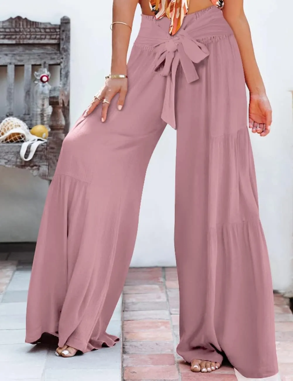 Lrady Women Wide Leg Palazzo Lounge Pants Printed Beach Summer Boho Tie-Waist Bell Bottoms Trousers