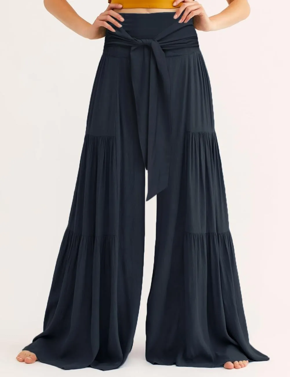 Lrady Women Wide Leg Palazzo Lounge Pants Printed Beach Summer Boho Tie-Waist Bell Bottoms Trousers