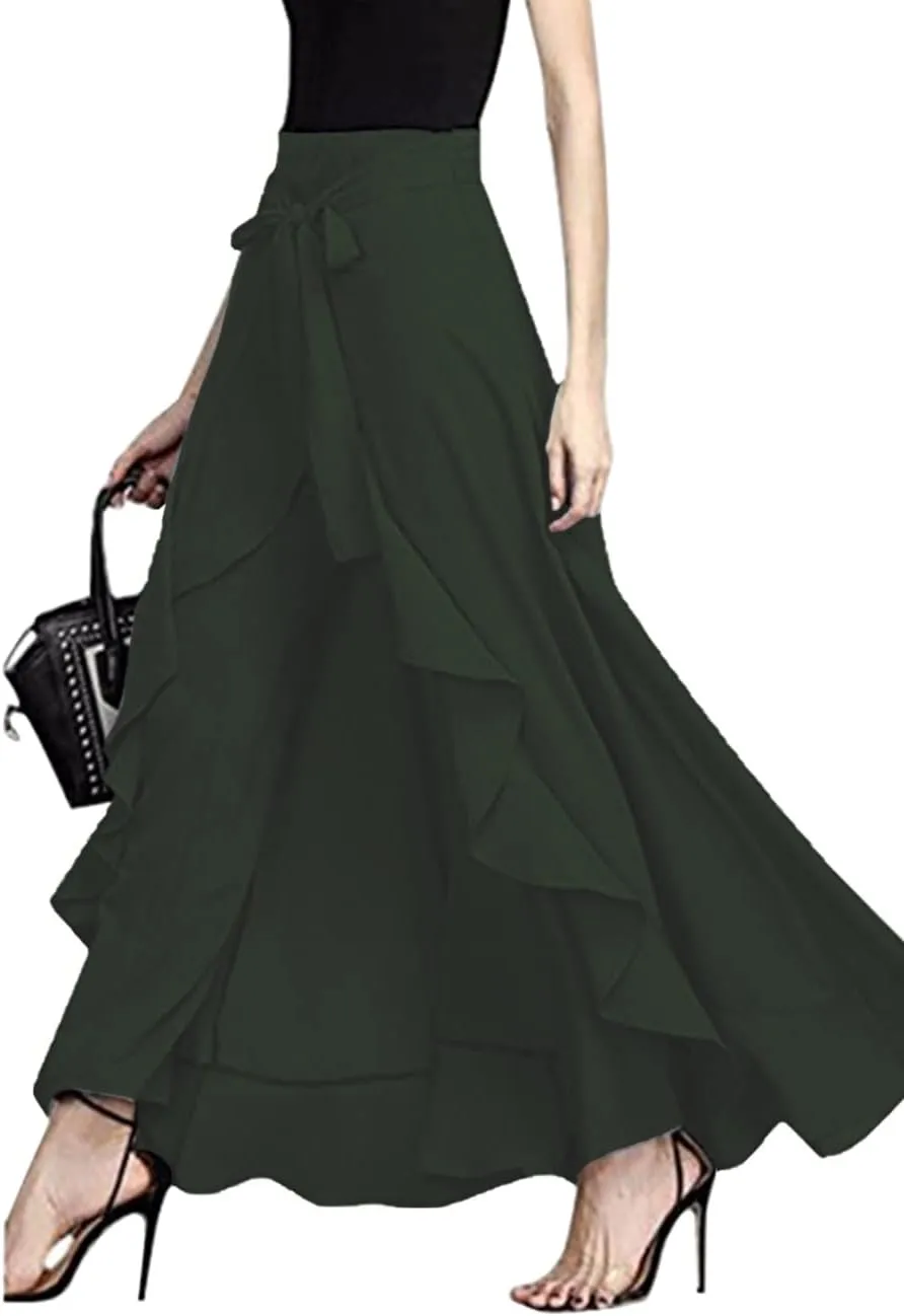 Lrady Women's Ruffle Pants High Waist Trousers Casual Beach Maxi Long Palazzo Overlay Pant Skirts
