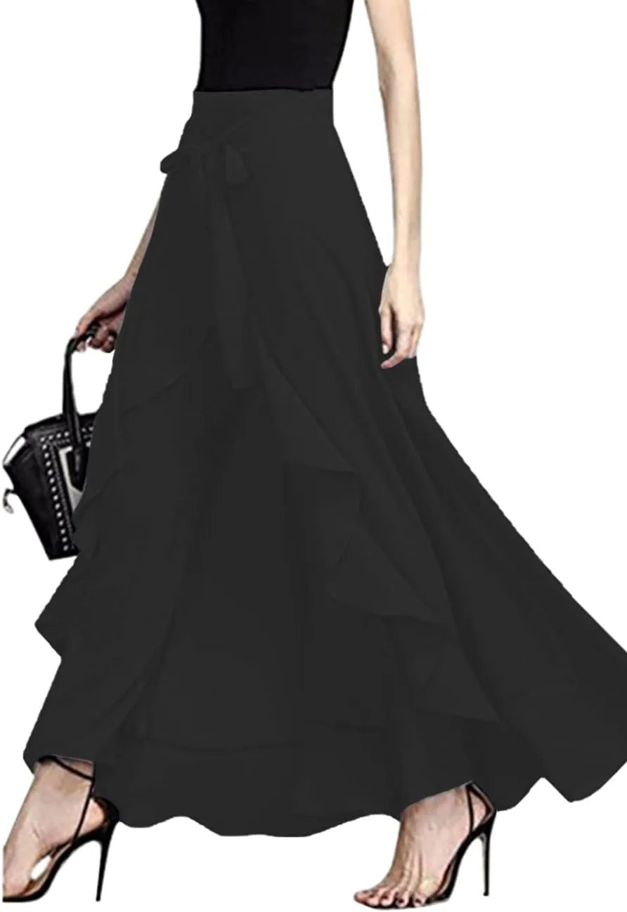 Lrady Women's Ruffle Pants High Waist Trousers Casual Beach Maxi Long Palazzo Overlay Pant Skirts