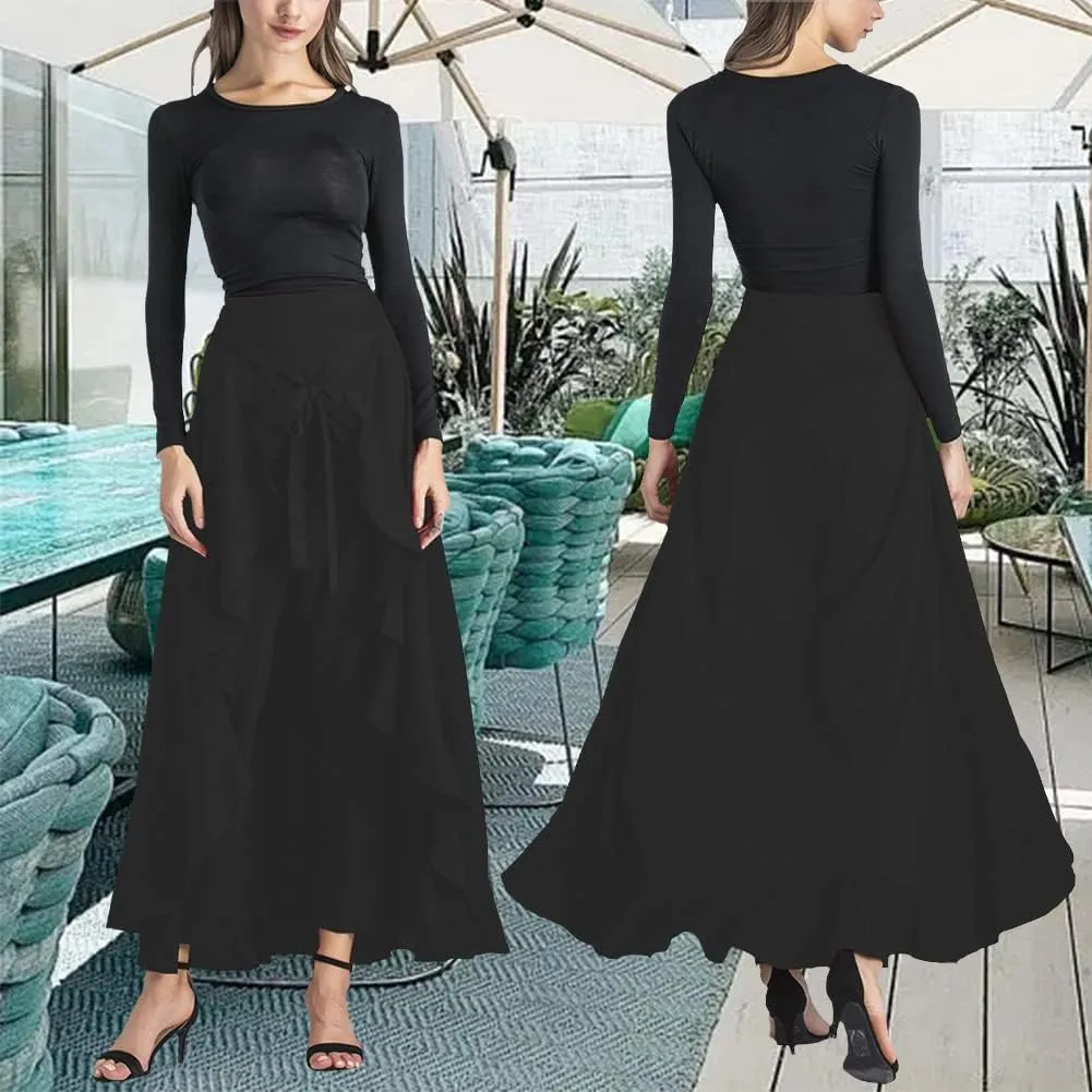 Lrady Women's Ruffle Pants High Waist Trousers Casual Beach Maxi Long Palazzo Overlay Pant Skirts