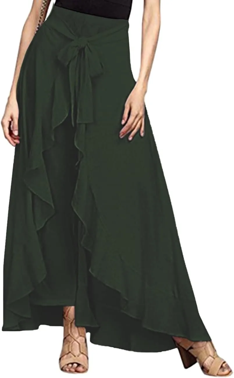 Lrady Women's Ruffle Pants High Waist Trousers Casual Beach Maxi Long Palazzo Overlay Pant Skirts