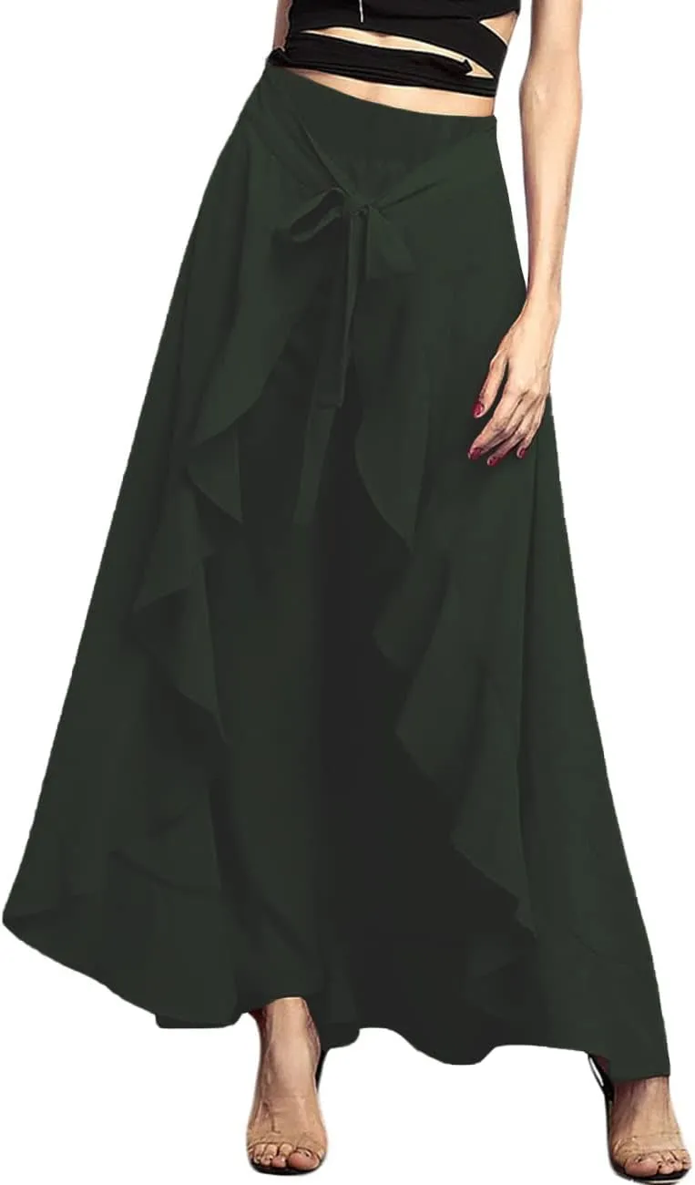 Lrady Women's Ruffle Pants High Waist Trousers Casual Beach Maxi Long Palazzo Overlay Pant Skirts