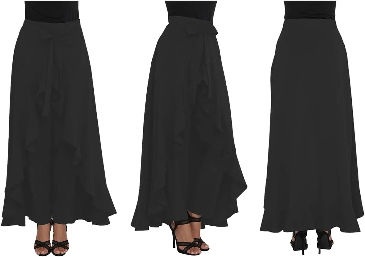 Lrady Women's Ruffle Pants High Waist Trousers Casual Beach Maxi Long Palazzo Overlay Pant Skirts