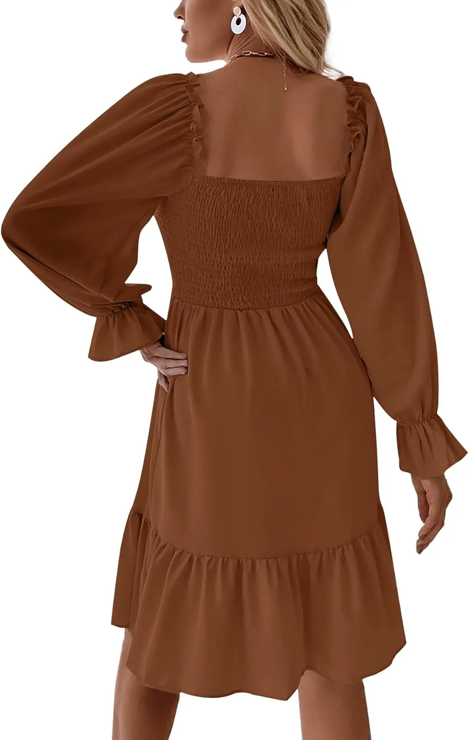 LYANER Women's Square Neck Lantern Long Sleeve Ruffle Shirred Flowy Party Mini Dress