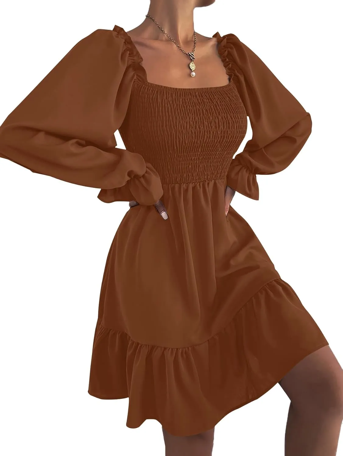 LYANER Women's Square Neck Lantern Long Sleeve Ruffle Shirred Flowy Party Mini Dress
