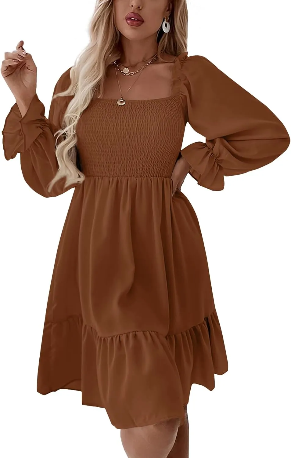 LYANER Women's Square Neck Lantern Long Sleeve Ruffle Shirred Flowy Party Mini Dress