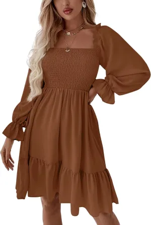 LYANER Women's Square Neck Lantern Long Sleeve Ruffle Shirred Flowy Party Mini Dress