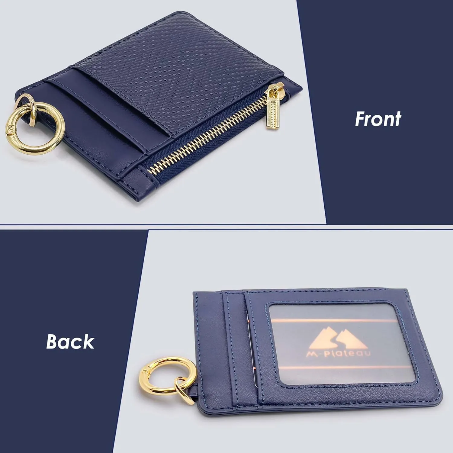 M-Plateau Key Chain Wallet Women, Credit Card Holder for Women with Metal Key Chain Ring for Car Keys,Ladies Mini Purse with ID Window and Zipper Pocket (Dark Blue)