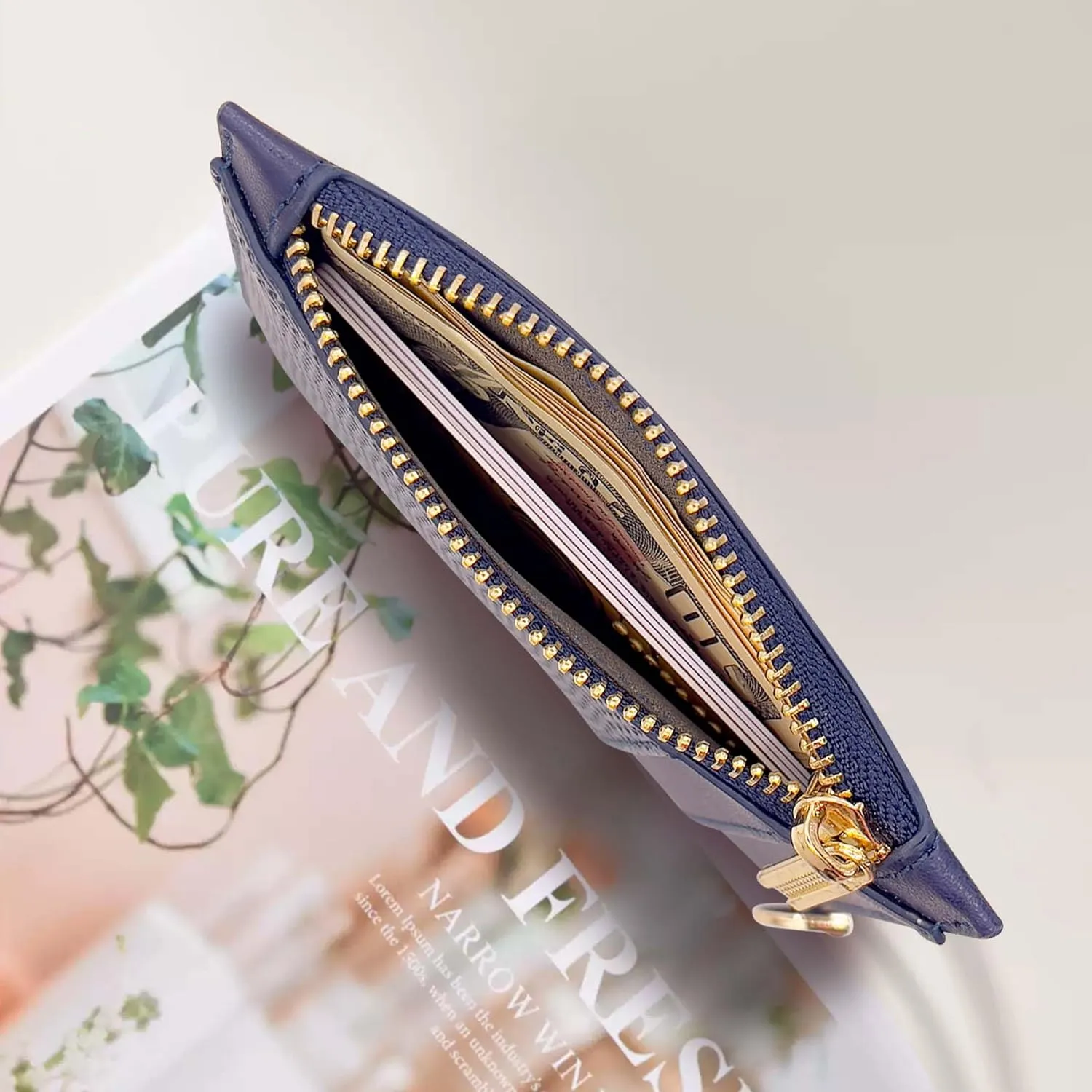 M-Plateau Key Chain Wallet Women, Credit Card Holder for Women with Metal Key Chain Ring for Car Keys,Ladies Mini Purse with ID Window and Zipper Pocket (Dark Blue)
