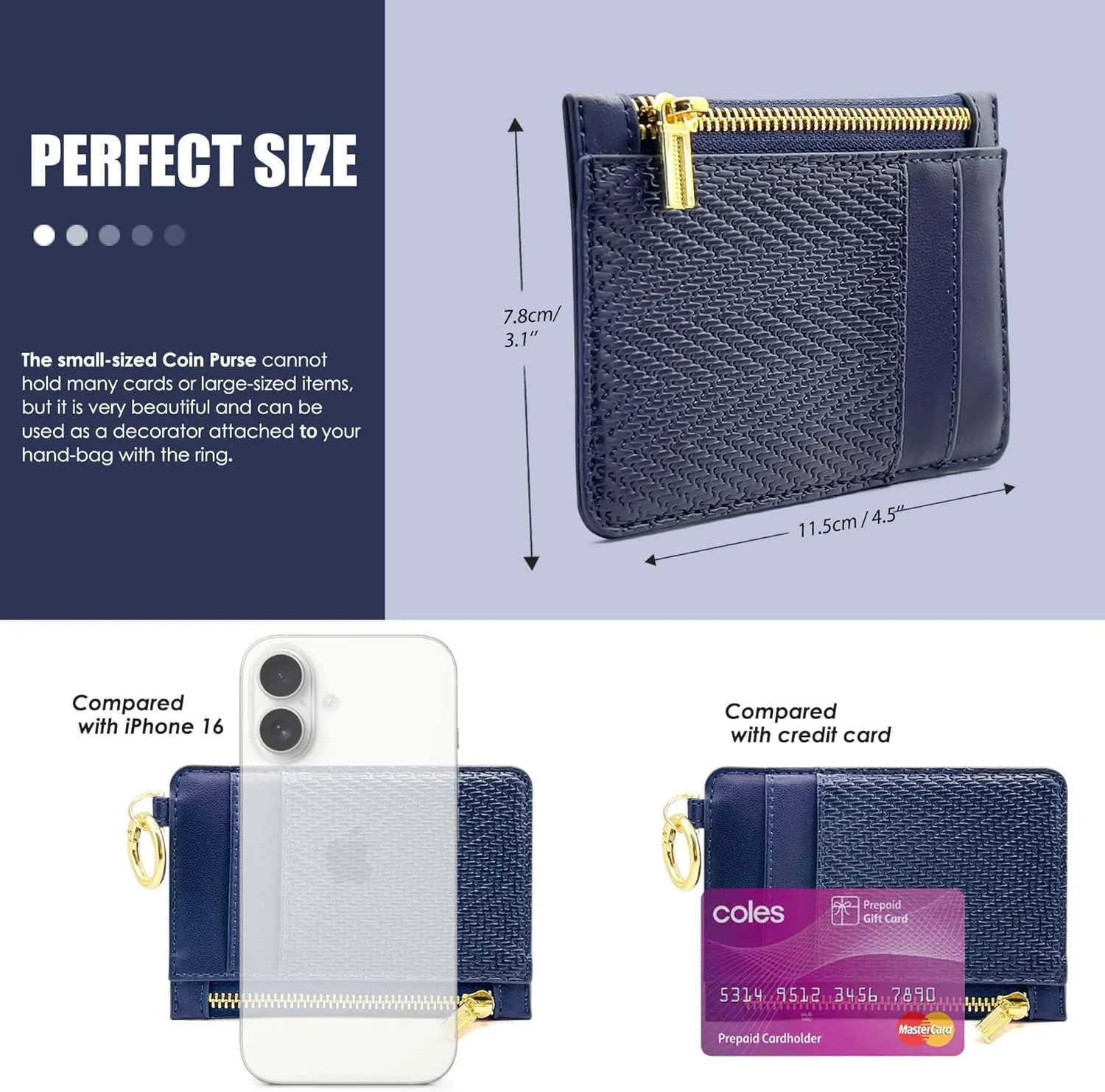 M-Plateau Key Chain Wallet Women, Credit Card Holder for Women with Metal Key Chain Ring for Car Keys,Ladies Mini Purse with ID Window and Zipper Pocket (Dark Blue)