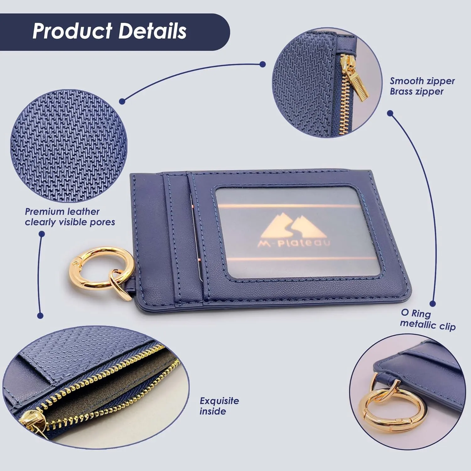 M-Plateau Key Chain Wallet Women, Credit Card Holder for Women with Metal Key Chain Ring for Car Keys,Ladies Mini Purse with ID Window and Zipper Pocket (Dark Blue)