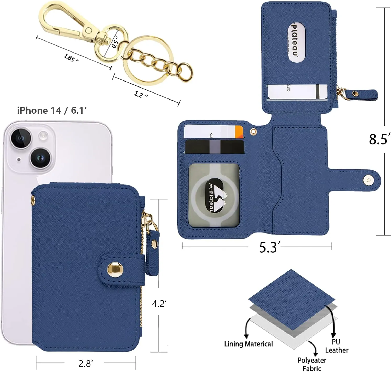 M-Plateau Keychain Wallet Women, Credit Card Holder for Women with Metal Keychain Ring for Car Keys,Ladies Mini Purse with ID Window and Zipper Pocket (Navy)