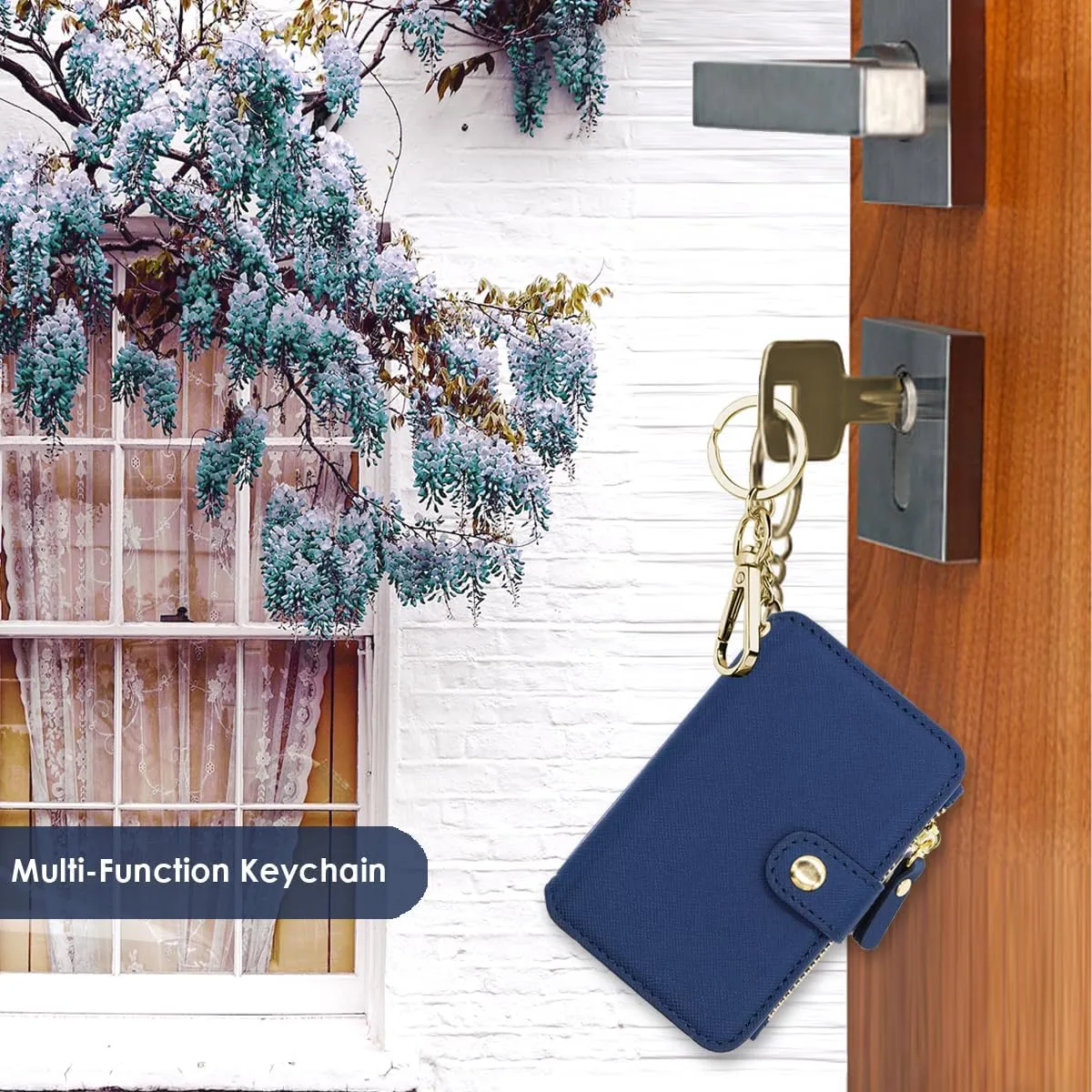 M-Plateau Keychain Wallet Women, Credit Card Holder for Women with Metal Keychain Ring for Car Keys,Ladies Mini Purse with ID Window and Zipper Pocket (Navy)