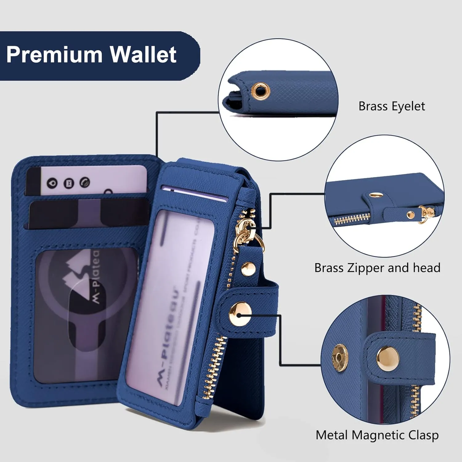 M-Plateau Keychain Wallet Women, Credit Card Holder for Women with Metal Keychain Ring for Car Keys,Ladies Mini Purse with ID Window and Zipper Pocket (Navy)