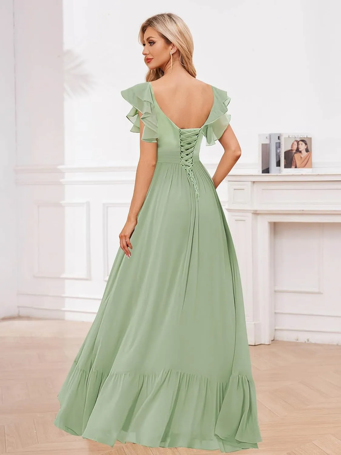 MAGGCIF Women's V Neck Bridesmaid Dresses Long for Wedding with Pockets Chiffon Formal Gowns