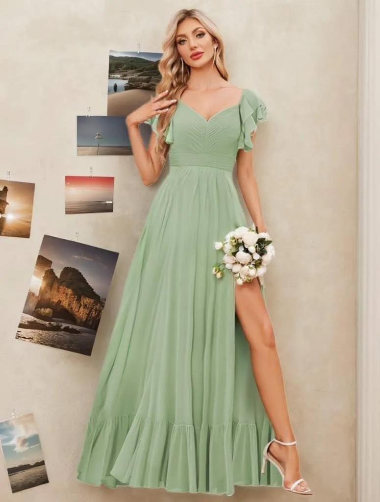 MAGGCIF Women's V Neck Bridesmaid Dresses Long for Wedding with Pockets Chiffon Formal Gowns