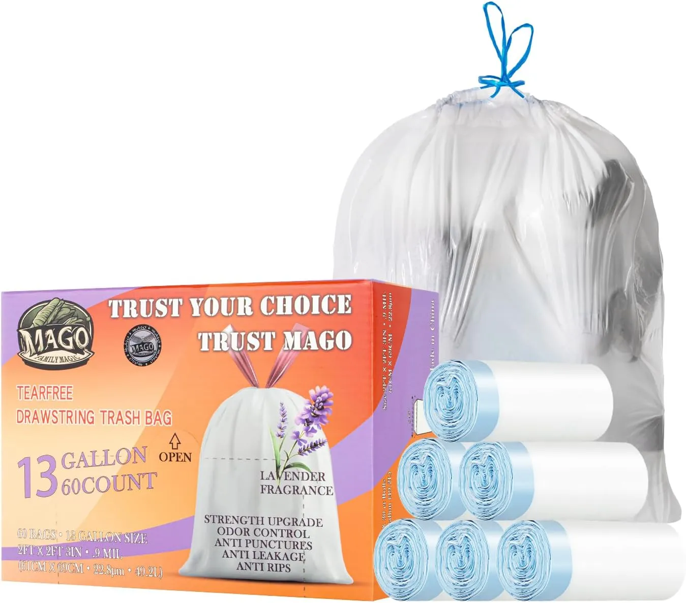 MAGO FAMILY MAGIC 13 Gallon Trash Bags, Tall Kitchen Drawstring Trash Bags, Large Kitchen Garbage Bags 13 Gal, Lavender Scent, Odor Control, Leak Proof, Tear-Free Design, White, 60 Count