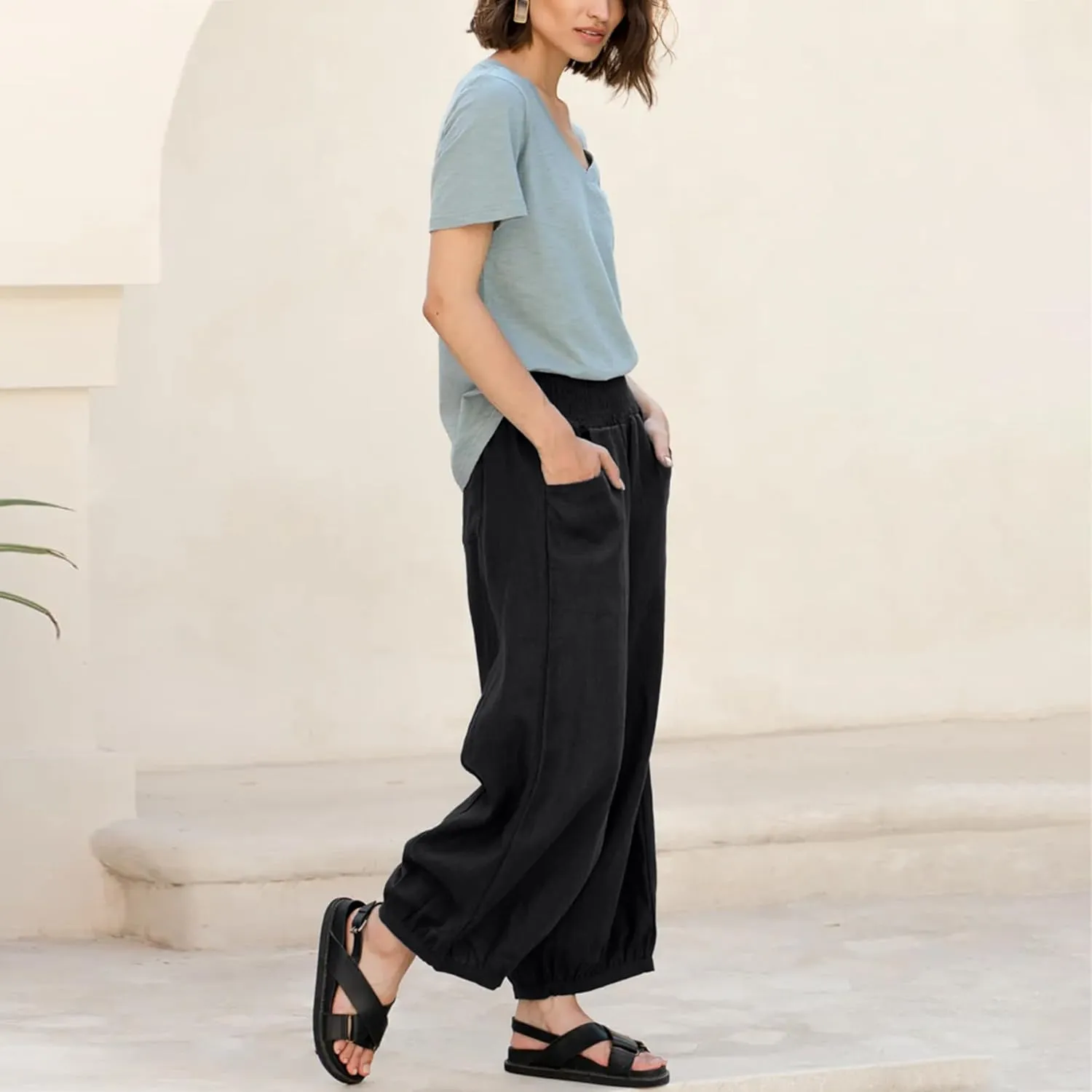 Maixang Women's Cotton Linen Wide Leg Pants Casual High Waist Palazzo Pants Summer Elastic Lounge Trousers with Pockets